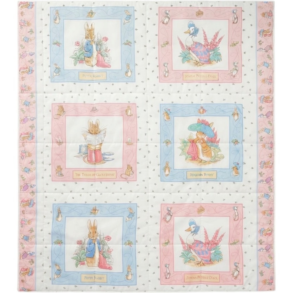 Vintage Beatrix Potter Peter Rabbit Quilted Nursery Blanket Pink Blue 44x51